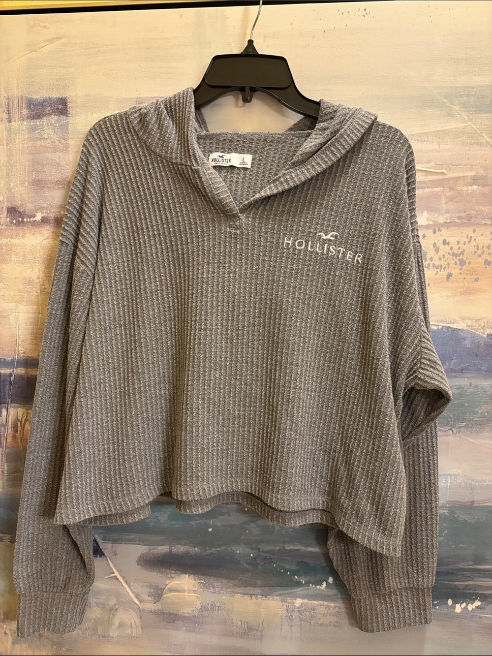 Hollister Gray Ribbed Hooded Cropped Pullover